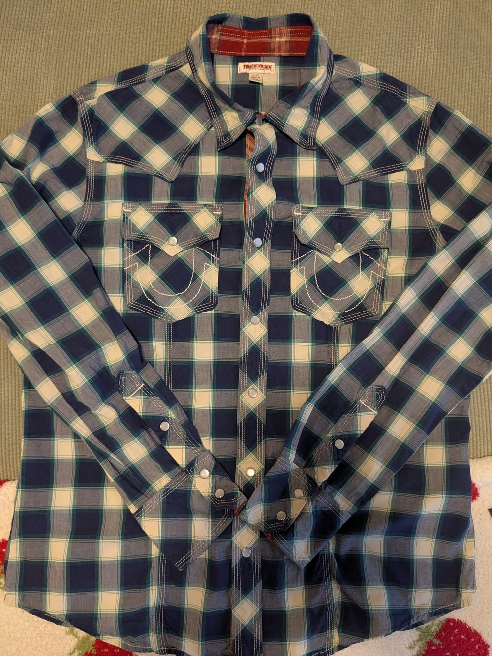 True Religion Blue and White Plaid Western Button-Down Shirt - Picture 4 of 6